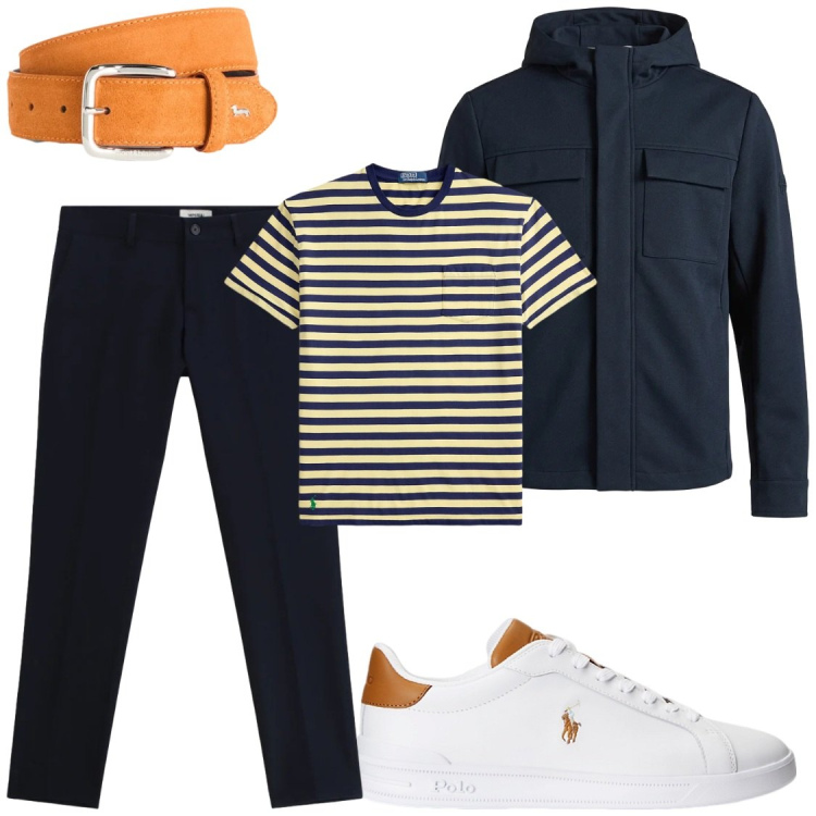 Outfit uomo - Il Navy per la tua Fuga di Maggio. Stile Trendy per Ufficio. Abbinamento con pantaloni, cinture, giacche, sneakers, t-shirt.