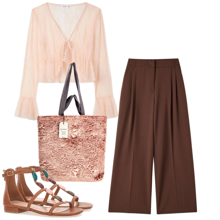 Outfit donna - Peach Blush. Stile Chic per Tutti i giorni. Abbinamento con bluse, pantaloni, borse tote, sandali gioiello.