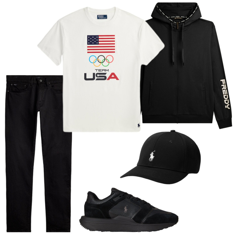 Outfit uomo - Total look #2392378. Stile Casual per Tutti i giorni. Abbinamento con felpe con cappuccio, jeans, cappelli, sneakers, t-shirt.