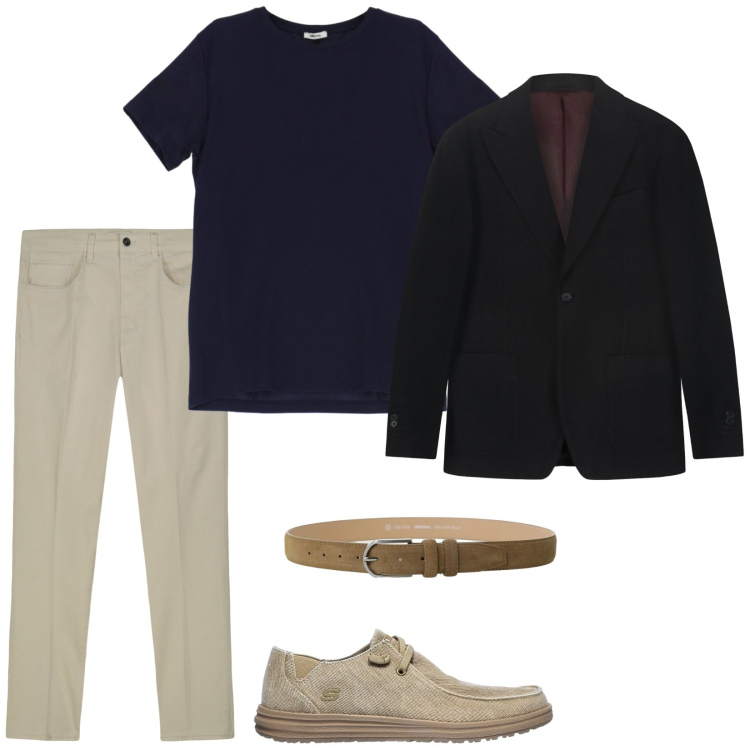 Outfit uomo - Aperitivo insieme a lei. Stile Trendy per Serata speciale. Abbinamento con t-shirt, cinture, pantaloni, giacche, scarpe stringate.