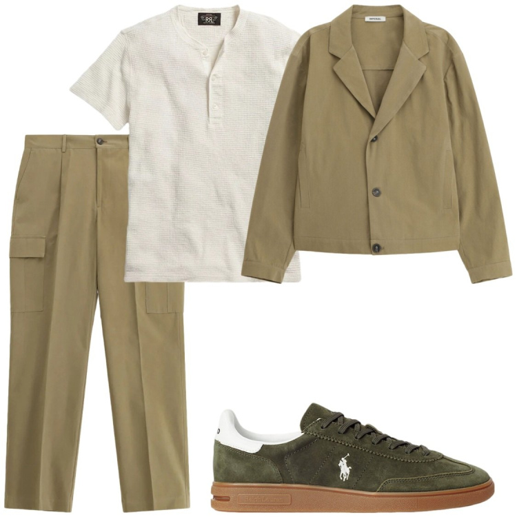 Outfit uomo - Fuga dalla Città: Il Look da Viaggio. Stile Casual per Tutti i giorni. Abbinamento con pantaloni cargo, giacche, sneakers, t-shirt.