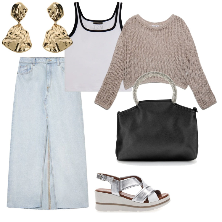 Outfit donna - Denim. per Tutti i giorni. Abbinamento con maglieria, gonne lunghe, orecchini, canottiere, sandali in pelle, borse a mano.