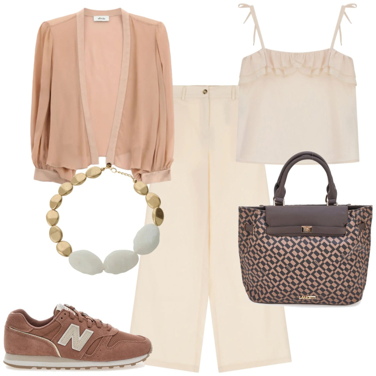 Outfit donna - City. Stile Urban per Tutti i giorni. Abbinamento con top, pantaloni, collane, blazer, borse a mano, sneakers.