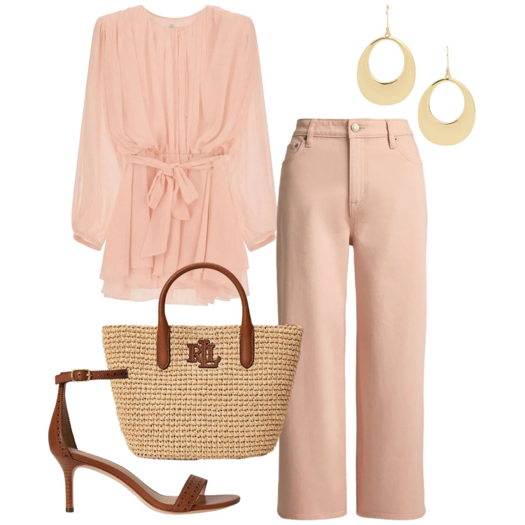 Outfit donna - Peach Blush. Stile Chic per Tutti i giorni. Abbinamento con vestiti corti, sandali in pelle, orecchini, borse tote, jeans.