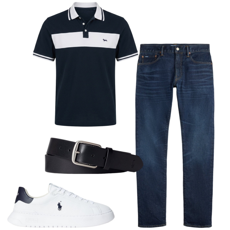 Outfit uomo - Maggio. Stile Urban per Tutti i giorni. Abbinamento con polo, cinture, sneakers, jeans.
