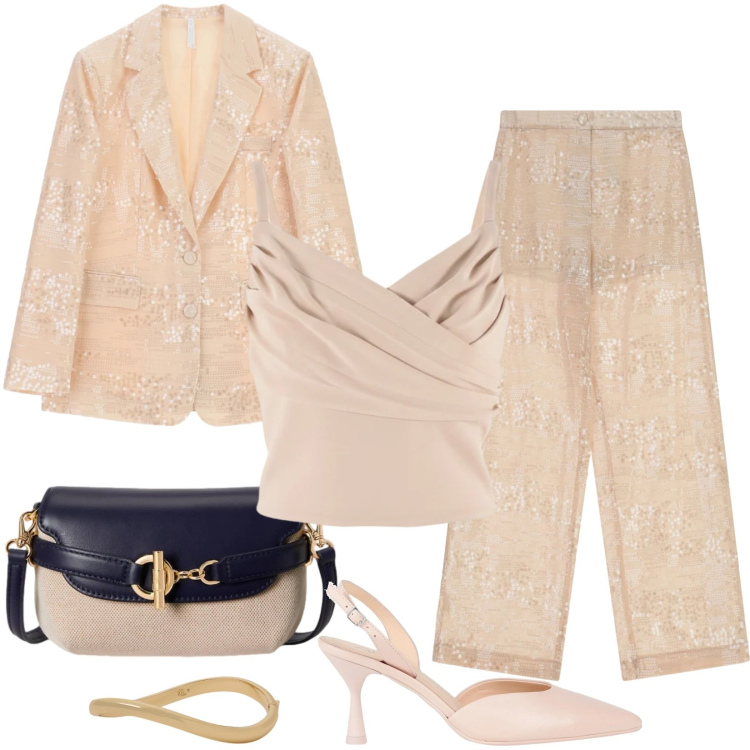 Outfit donna - Total look #2392393. Stile Chic per Cerimonia. Abbinamento con décolleté, pantaloni a palazzo, blazer, canottiere, braccialetti, borse a tracolla.