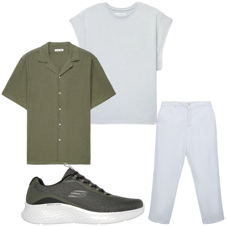 Outfit uomo - Gita al lago. Stile Casual per Tutti i giorni. Abbinamento con camicie a manica corta, pantaloni chino, canottiere, sneakers.