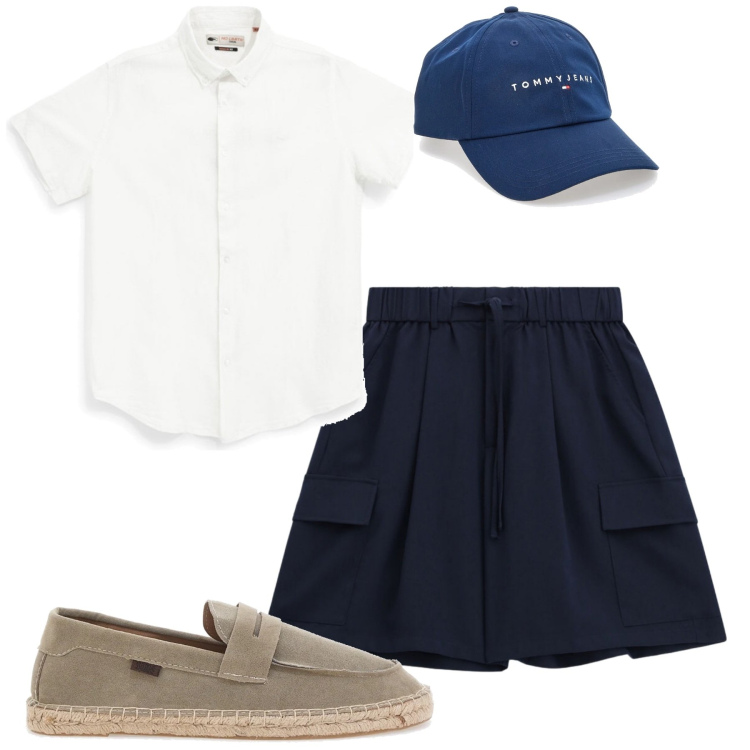 Outfit uomo - Weekend. Stile Casual per Tutti i giorni. Abbinamento con bermuda, espadrillas, cappelli con visiera, camicie a manica corta.