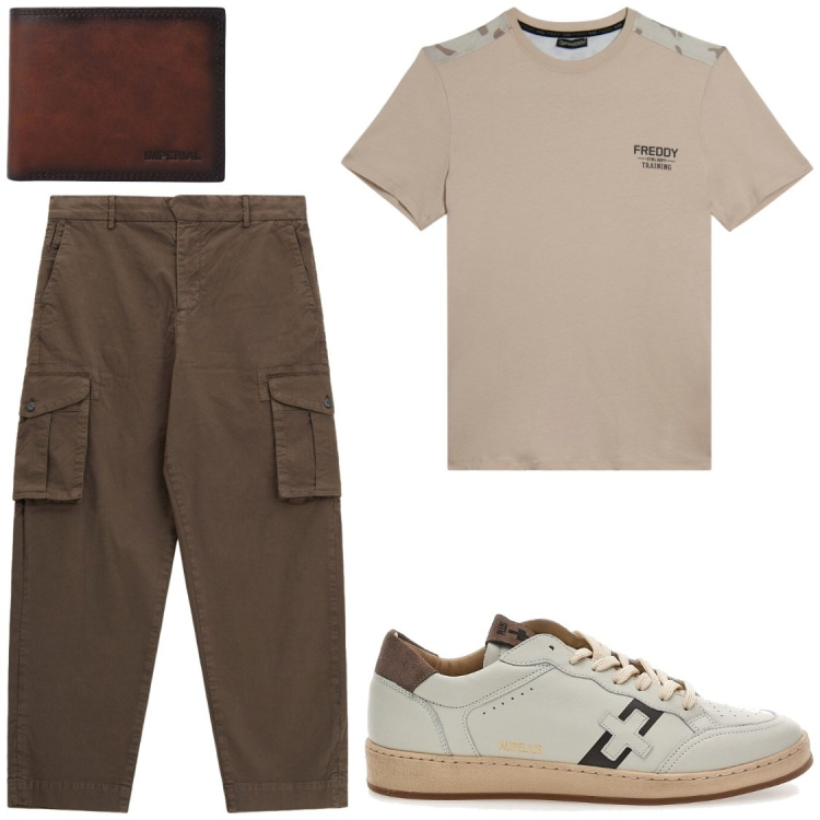 Outfit uomo - Comfort e Movimento in Cargo. Stile Trendy per Tutti i giorni. Abbinamento con portafogli, pantaloni cargo, t-shirt, sneakers.