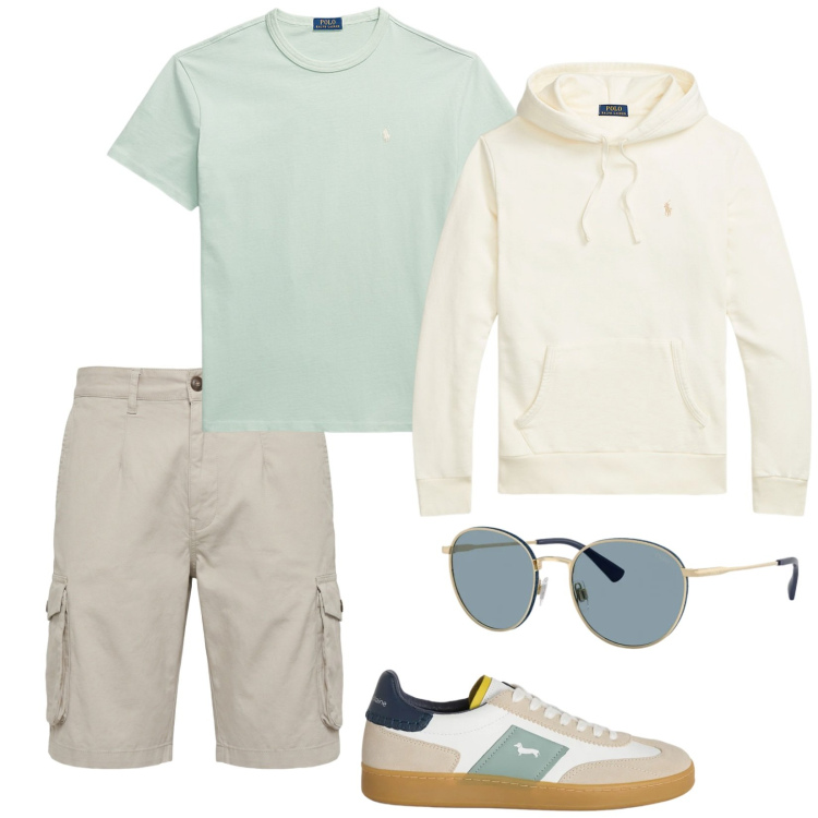 Outfit uomo - Mix and match. Stile Casual per Tutti i giorni. Abbinamento con sneakers, bermuda, t-shirt, felpe con cappuccio, occhiali da sole.