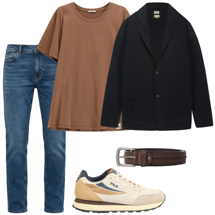 Outfit uomo - Ok così. Stile Casual per Tutti i giorni. Abbinamento con sneakers, cinture, t-shirt, jeans, cardigans.