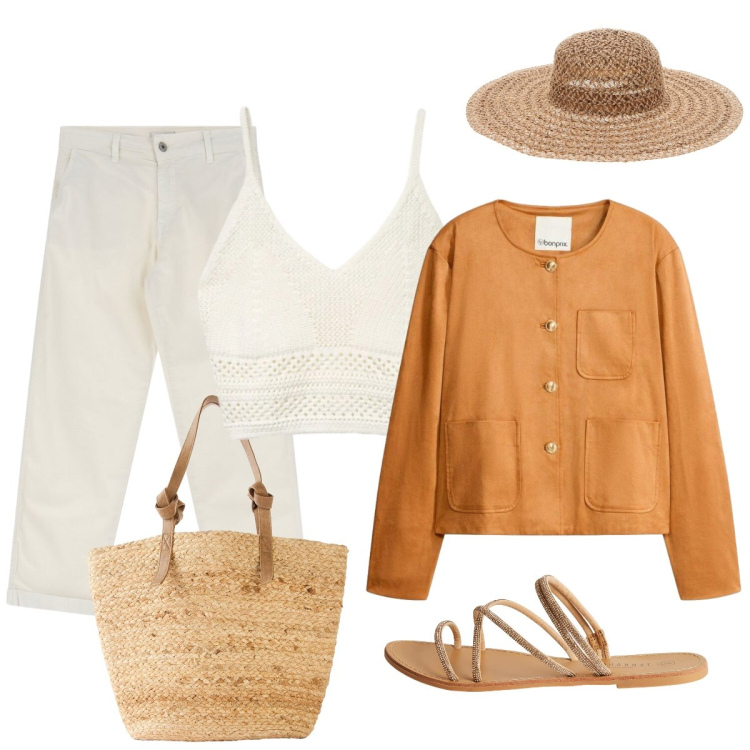 Outfit donna - Domenica sul lungomare. Stile Glamour per Mare. Abbinamento con blazer, shopping bag, sandali, top, jeans, cappelli.