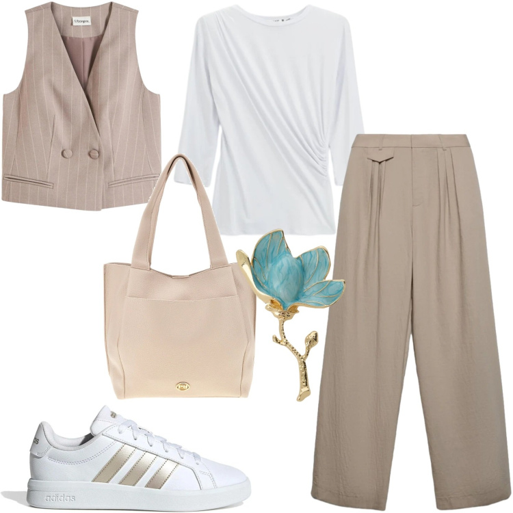 Outfit donna - Total look #2392412. Stile Casual per Ufficio. Abbinamento con gilet, pantaloni, top, blazer, sneakers, borse a spalla.