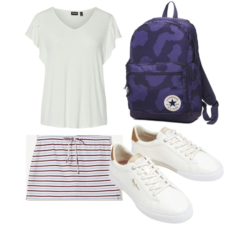Outfit mujer - Casual. Estilo Casual para Todos los días. Combinación con sneakers, mochilas, faldas, camiseta.