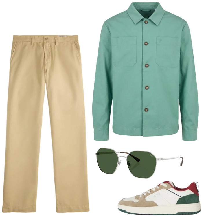 Outfit uomo - La camicia è Verde. Stile Casual per Tutti i giorni. Abbinamento con sneakers, camicie, pantaloni, occhiali da sole.