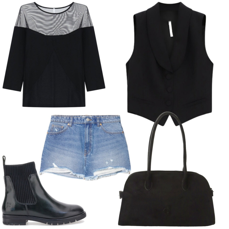 Outfit donna - Denim rock. Stile Rock per Serata fuori. Abbinamento con shorts, gilet, top, cappotti, stivaletti.