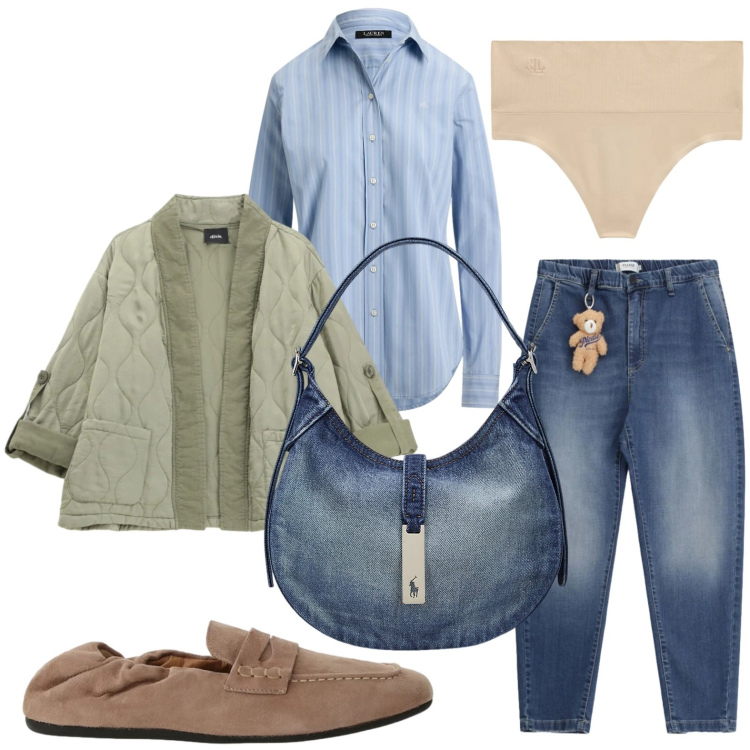 Outfit donna - Passeggiata in città. Stile Basic per Tutti i giorni. Abbinamento con jeans, mocassini, giacche, borse a spalla, perizomi, camicie.