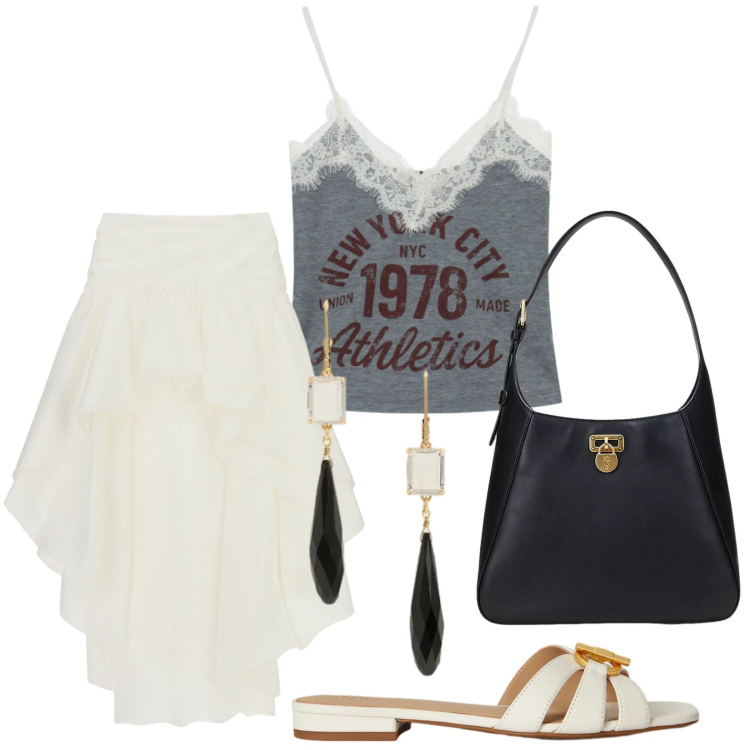 Outfit donna - Look casual. Stile Casual per Tutti i giorni. Abbinamento con gonne lunghe, top, borse a spalla, orecchini, ciabatte.