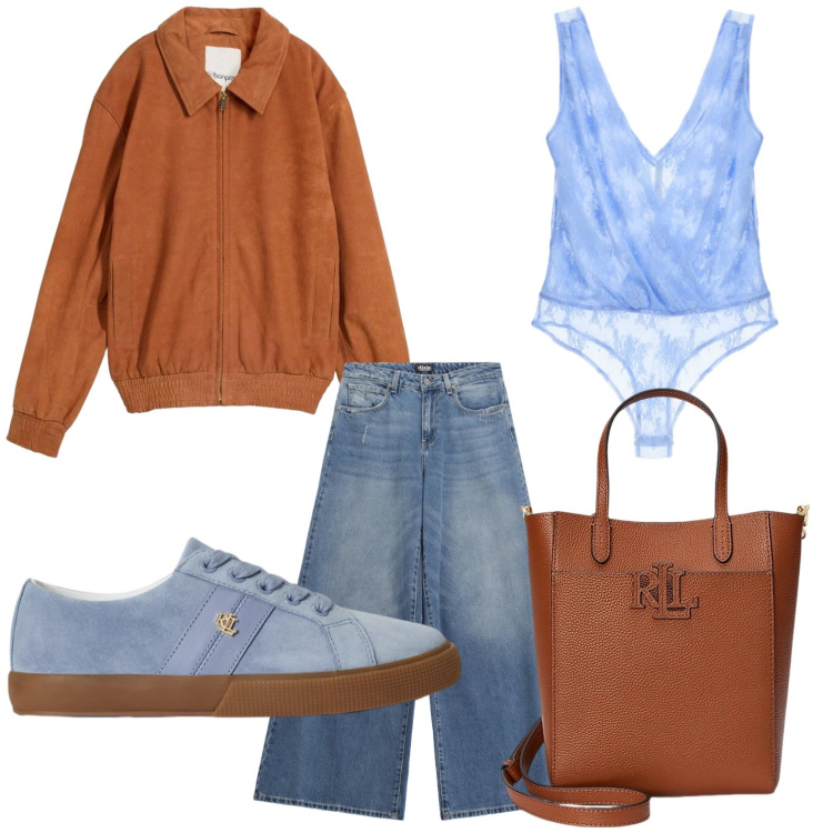 Outfit donna - Body top. Stile Basic per Tutti i giorni. Abbinamento con bomber, top, jeans, borse tote, sneakers.