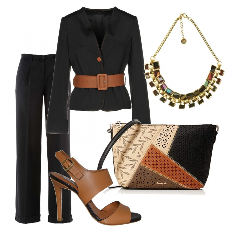 Outfit donna - Chic #2217. Stile Chic per Serata fuori. Abbinamento con pantaloni, giacca, borsa a tracolla in pelle sintetica marrone, sandali, collana in placcato argento.