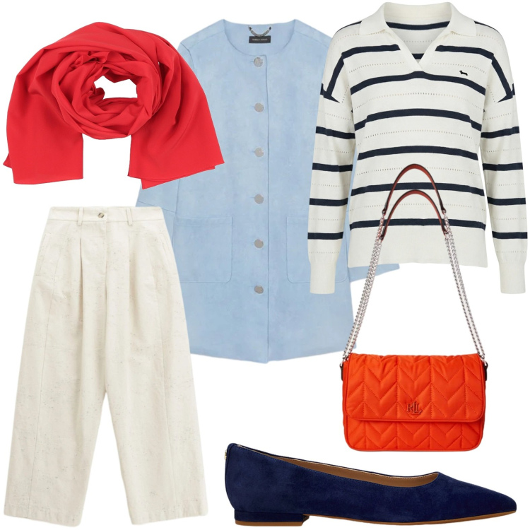 Outfit donna - Righe time. Stile Casual per Ufficio. Abbinamento con sciarpe, cappotti, maglieria, pantaloni a palazzo, ballerine, borse a tracolla.