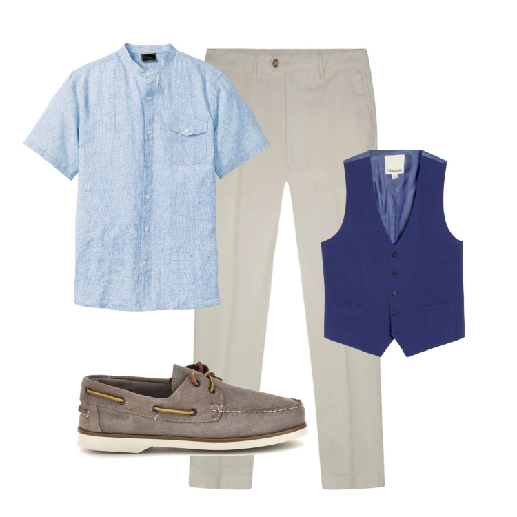 Outfit uomo - Essenziale. Stile Casual per Tutti i giorni. Abbinamento con gilet, camicie a manica corta, pantaloni, scarpe stringate.