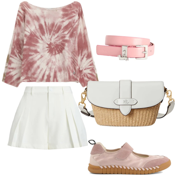 Outfit donna - Top stampa tie-dye. Stile Casual per Tutti i giorni. Abbinamento con top, cinture, borse a spalla, minigonne, ballerine.
