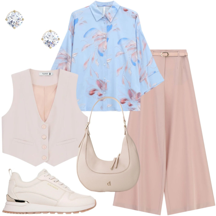 Outfit donna - Total look #2392424. Stile Sporty chic per Ufficio. Abbinamento con gilet, pantaloni a palazzo, camicie, borse a tracolla, orecchini, sneakers.