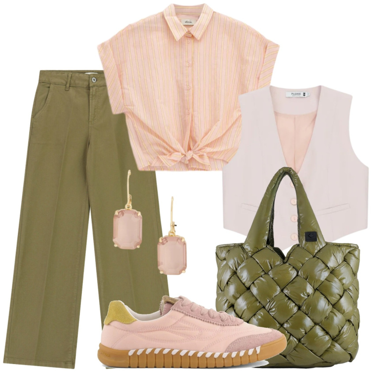 Outfit donna - Passeggiata primaverile. Stile Casual per Tutti i giorni. Abbinamento con gilet, pantaloni a palazzo, camicie a manica corta, borse tote, orecchini, sneakers.