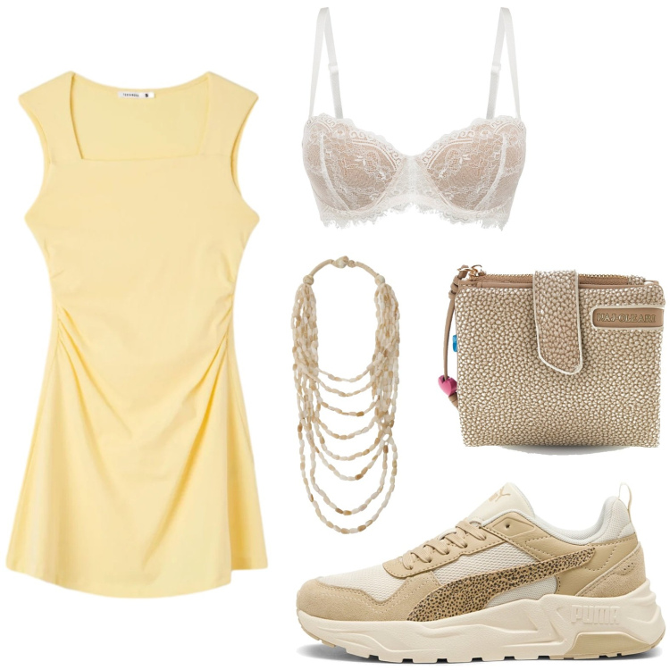 Outfit donna - Yellow sun. Stile Casual per Tutti i giorni. Abbinamento con reggiseni a balconcino, vestiti, collane, sneakers, portafogli.