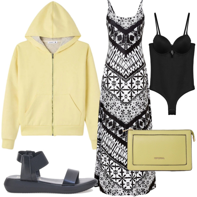 Outfit donna - Dress con felpa. Stile Sporty chic per Tutti i giorni. Abbinamento con vestiti lunghi, body, felpe con cappuccio, borse a tracolla, sandali.