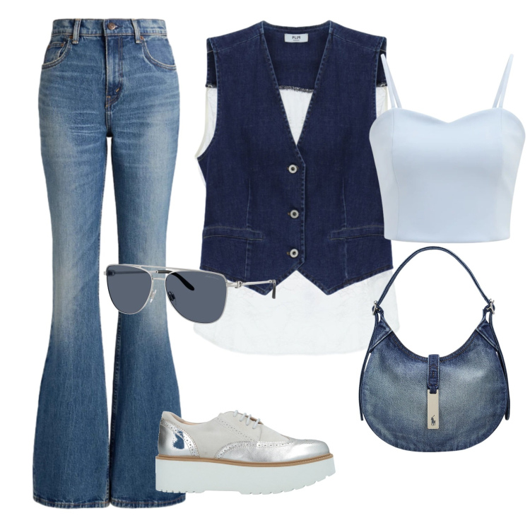 Outfit donna - Denim Elegance: Blu in Equilibrio. Stile Casual chic per Tutti i giorni. Abbinamento con scarpe stringate, gilet, top, jeans, borse a spalla, occhiali da sole.