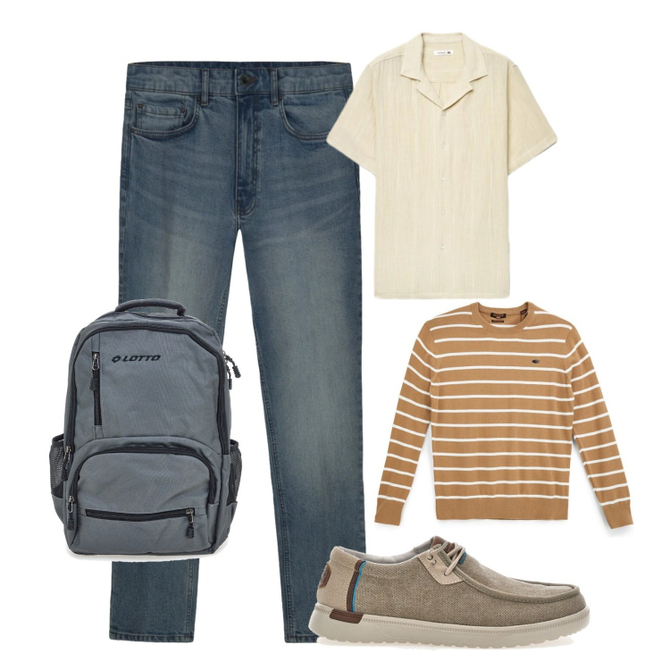 Outfit uomo - Viaggio breve. per Mare. Abbinamento con camicie a manica corta, zaini, pullovers, jeans, scarpe stringate.