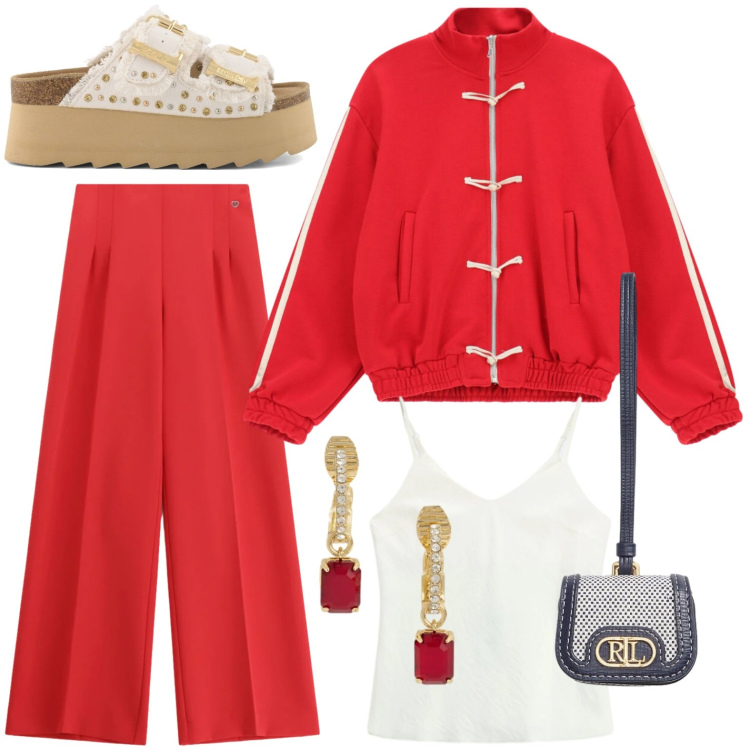 Outfit donna - Felpa originale. Stile Sporty chic per Tutti i giorni. Abbinamento con pantaloni a palazzo, canottiere, felpe, orecchini, pochette, zeppe.