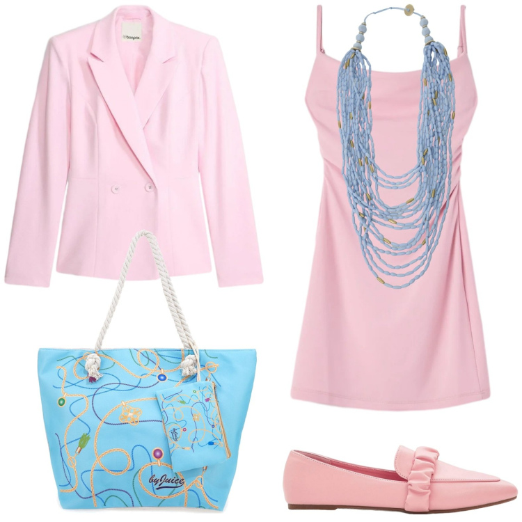 Outfit donna - Tubino chic. Stile Bon Ton per Serata fuori. Abbinamento con mocassini, blazer, vestiti corti, collane, shopping bag.