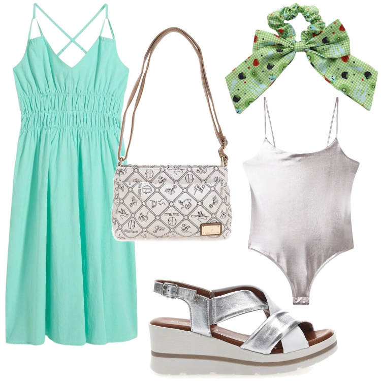 Outfit donna - Body metallizzato. Stile Basic per Tutti i giorni. Abbinamento con vestiti, body, accessori per capelli, sandali in pelle, borse a tracolla.