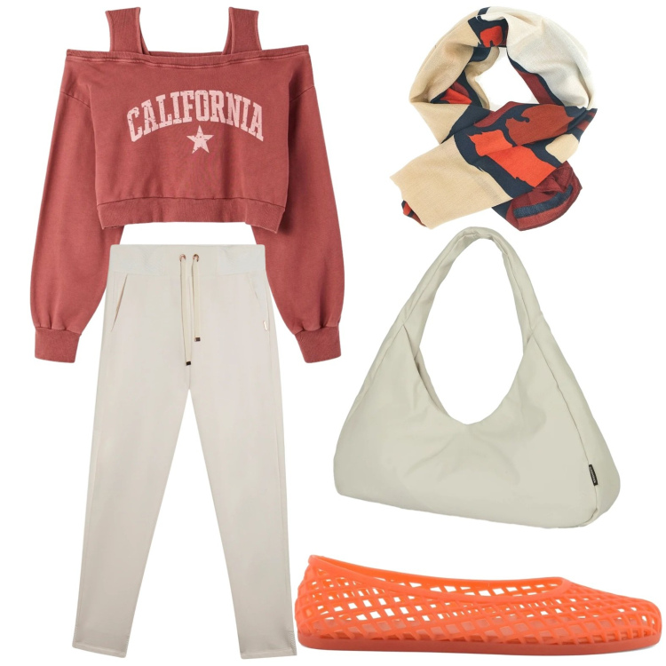 Outfit donna - Felpa versatile. Stile Sporty chic per Tutti i giorni. Abbinamento con felpe, pantaloni, borse a spalla, foulard, ballerine.