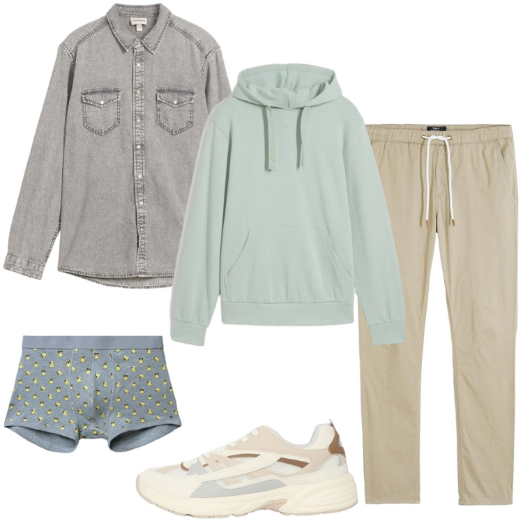 Outfit uomo - Total look #2392443. Stile Casual per Tutti i giorni. Abbinamento con camicie, felpe con cappuccio, pantaloni, boxer, sneakers.