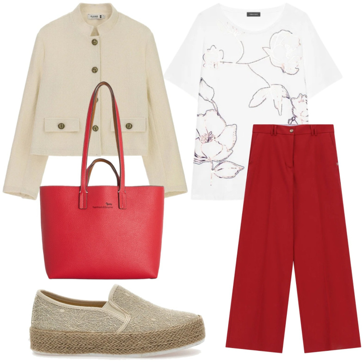 Outfit donna - T-shirt con stampa. Stile Glamour per Tutti i giorni. Abbinamento con t-shirt, pantaloni a palazzo, cappotti, shopping bag, espadrillas.