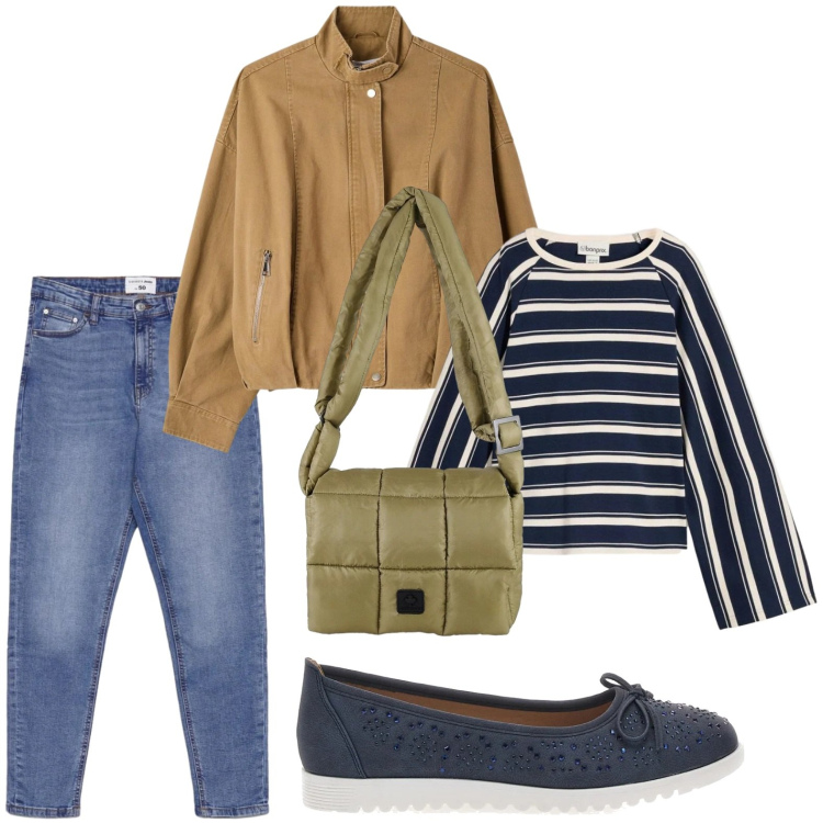 Outfit donna - Ossessione righe. Stile Trendy per Tutti i giorni. Abbinamento con maglieria, jeans skinny, bomber, borse a spalla, ballerine.
