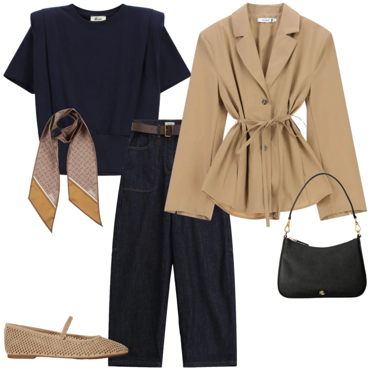 Outfit donna - Blazer leggero. Stile Casual chic per Tutti i giorni. Abbinamento con sciarpe, blazer, t-shirt, pantaloni a palazzo, borse a spalla, ballerine.