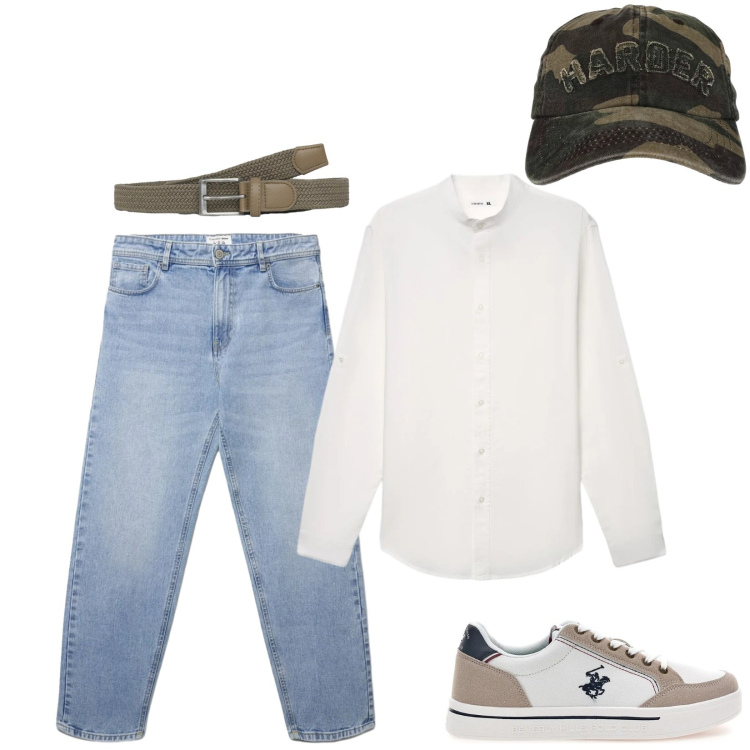 Outfit uomo - Total look #2392451. Stile Casual per Tutti i giorni. Abbinamento con cinture, jeans, camicie, cappelli con visiera, sneakers.