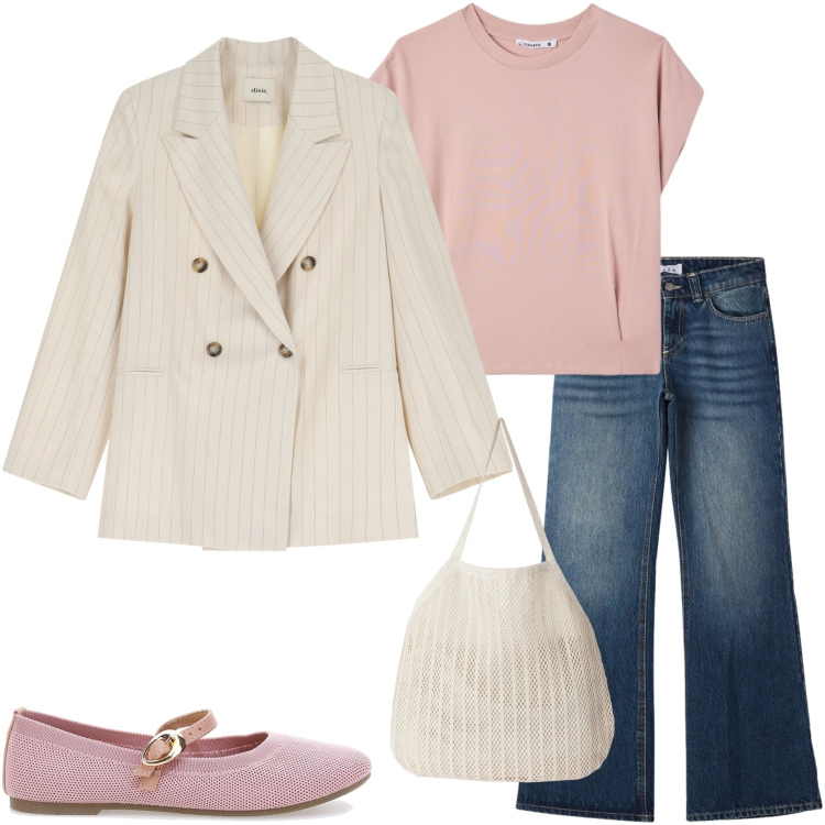 Outfit donna - Il ritorno delle ballerine. Stile Casual chic per Tutti i giorni. Abbinamento con t-shirt, jeans, shopping bag, blazer, ballerine.