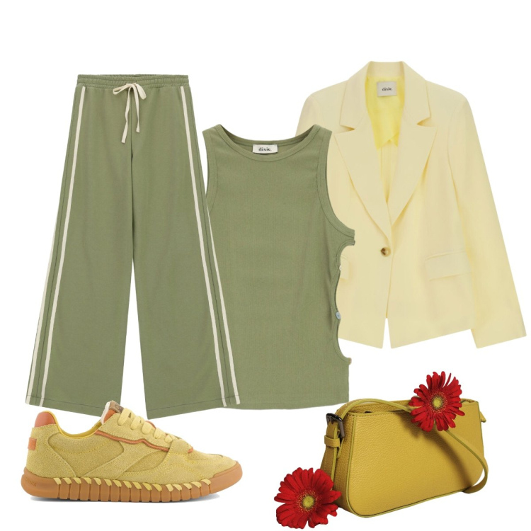 Outfit donna - Sporty chic per le vie del centro. Stile Sporty chic per Tutti i giorni. Abbinamento con pantaloni a palazzo, borse a spalla, blazer, top, sneakers.