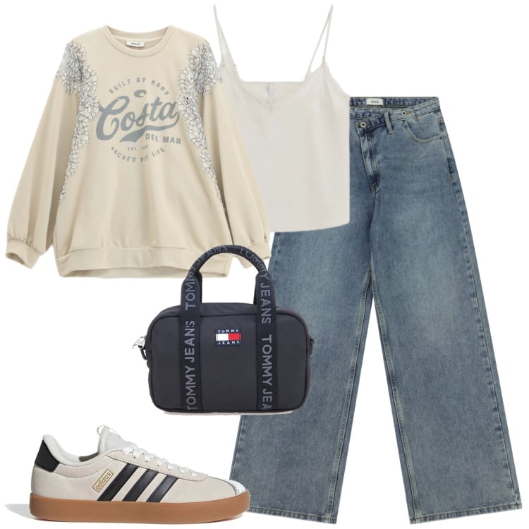 Outfit donna - Maggio. Stile Casual per Tutti i giorni. Abbinamento con canottiere, felpe, jeans, borse a tracolla, sneakers.