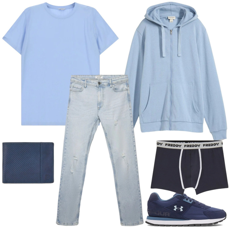 Outfit uomo - Total look #2392458. Stile Casual per Tutti i giorni. Abbinamento con felpe con cappuccio, jeans strappati, t-shirt, boxer, portafogli, sneakers.