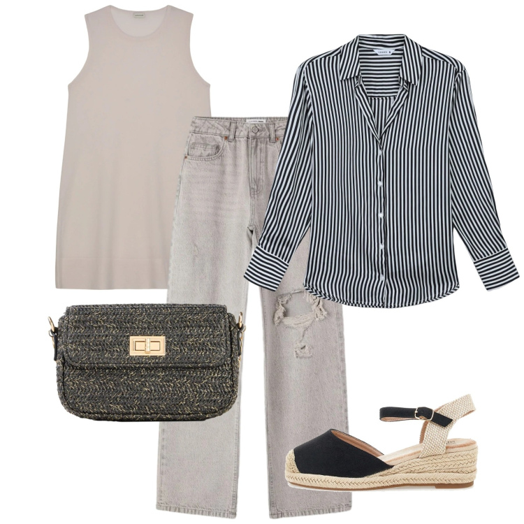 Outfit donna - Casual con cura. Stile Casual per Tutti i giorni. Abbinamento con borse a tracolla, jeans strappati, camicie, zeppe, bluse.