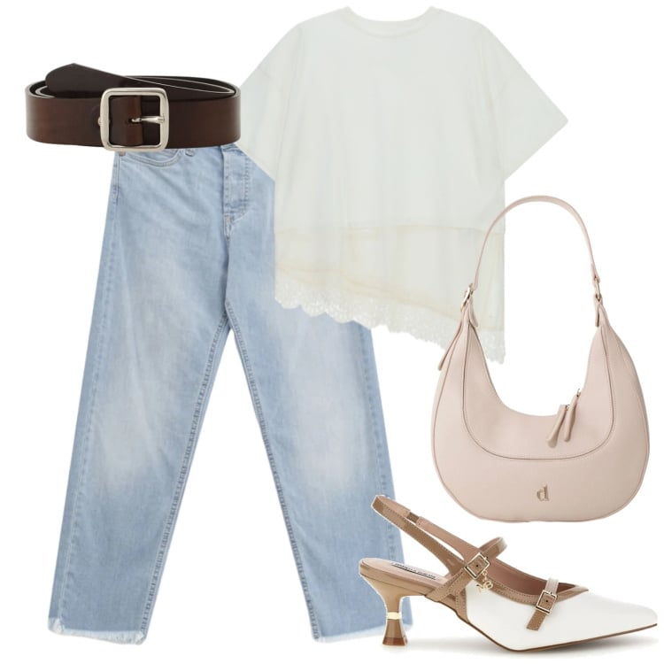 Outfit donna - City. Stile Casual chic per Tutti i giorni. Abbinamento con jeans, cinture, borse a tracolla, t-shirt, décolleté.