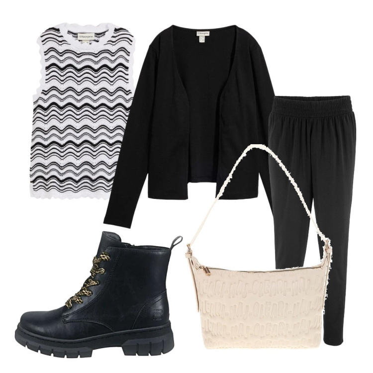 Outfit donna - Lunedì ufficio maggio. Stile Casual per Ufficio. Abbinamento con canottiere, pantaloni, cardigans, anfibi, borse a spalla.