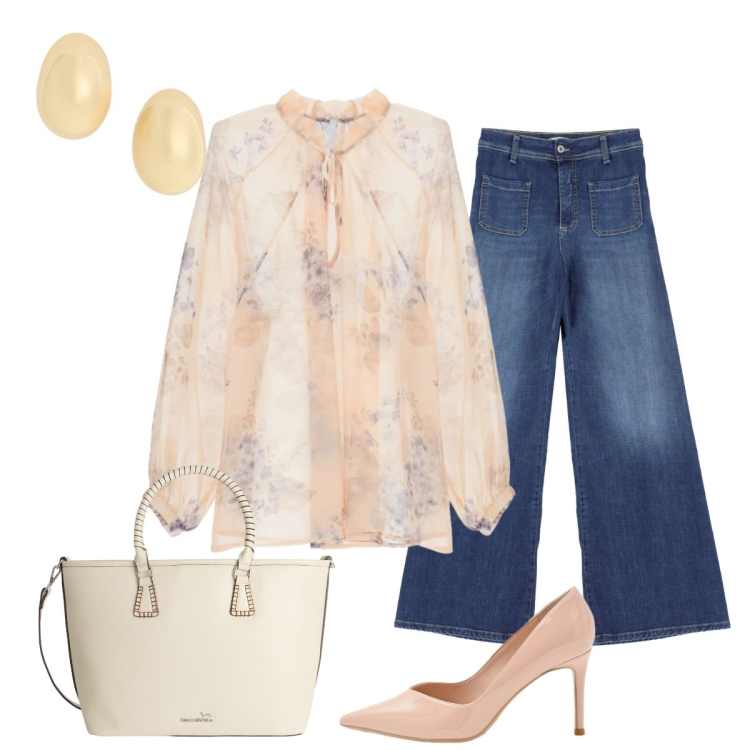 Outfit donna - Denim chic. Stile Chic per Tutti i giorni. Abbinamento con shopping bag, jeans, bluse, décolleté, orecchini.
